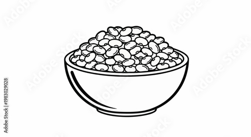 A simple black and white line drawing of a bowl overflowing with oval-shaped beans
