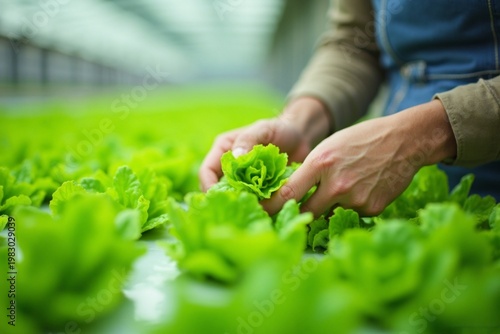 Farmer Harvesting Fresh Green Lettuce in Hydroponic Farm, Modern Agriculture Concept
