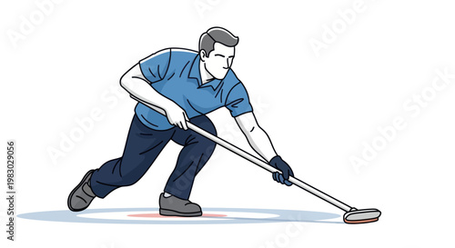 A focused male athlete sweeping the ice during a curling game.