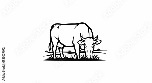 A simple black and white line drawing of a cow grazing on grass