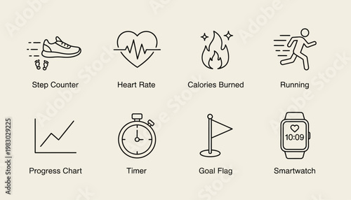 Fitness tracker icons display step counter, heart rate and calories burned during running with progress chart, timer, goal flag and smartwatch.