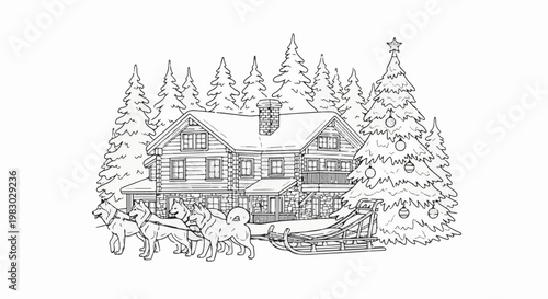 A rustic log cabin nestled amongst pine trees, with a dog-pulled sleigh nearby