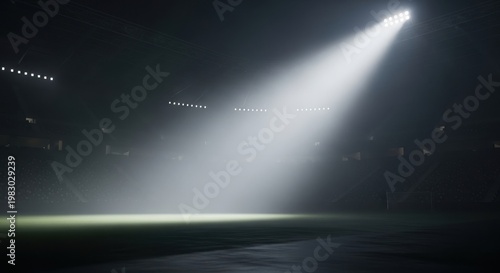 A bright stadium floodlight illuminates the empty grass field during a dark and misty night time