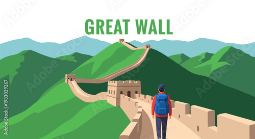 Backpacker Walking on the Great Wall of China