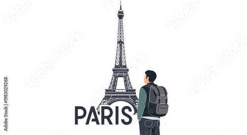 Man With Backpack Looks At Eiffel Tower In Paris