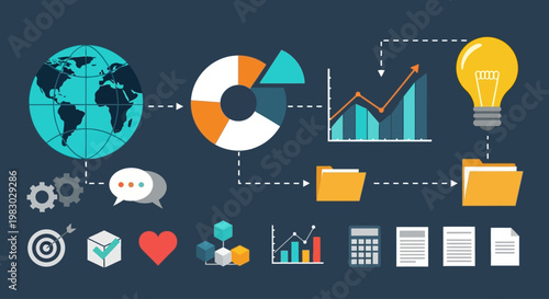 Business infographic with globe, charts, and documents on screen