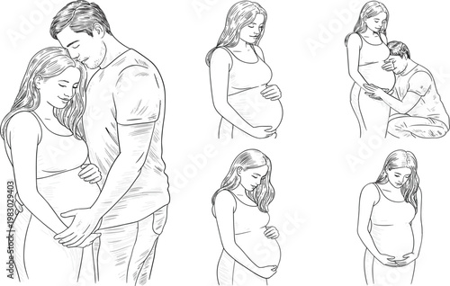Pregnant woman and couple sketch set, featuring maternity health, pregnancy journey, and parenthood illustrations