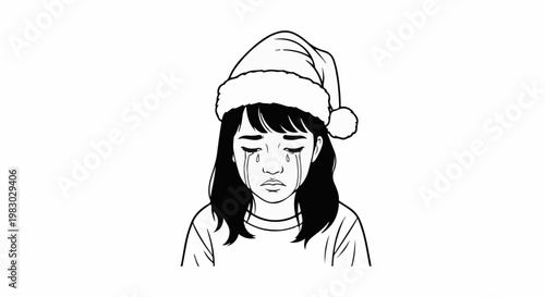 A sad person in a Santa hat with tears streaming down their face