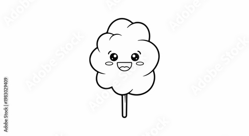 A happy cartoon cotton candy on a stick, outlined in black