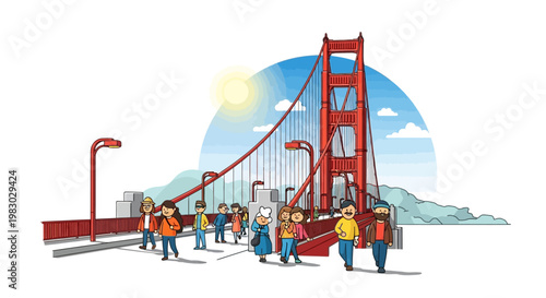 Tourists Admire Golden Gate Bridge Under Sunny Skies