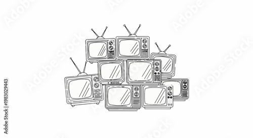 A haphazard pile of vintage televisions with antennas