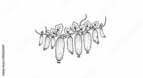 A hand-drawn sketch of cucumbers hanging from a vine with leaves