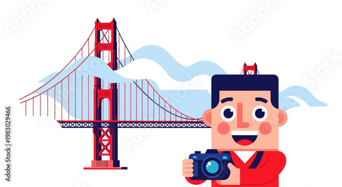 Tourist With Camera At Golden Gate Bridge