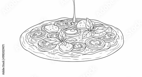 A hand-drawn sketch of a pizza with tomatoes and basil