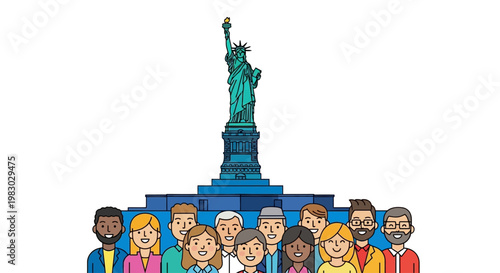 Diverse Group Of People Standing In Front Of The Statue Of Liberty