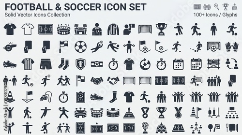 Football and soccer icon set. Containing jersey, soccer field, stadium, referee, goal, trophy, dribble, player and more.