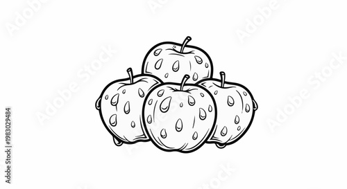 A hand-drawn illustration of four apples with dew drops