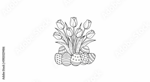 A hand-drawn outline of a bouquet of tulips nestled amongst decorative Easter eggs