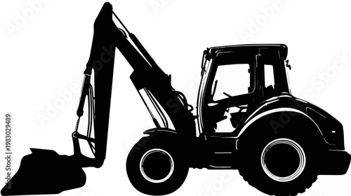 Excavator digging earth in silhouette against white background  