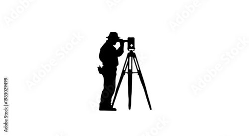 Surveyor using a total station on tripod in silhouette style  