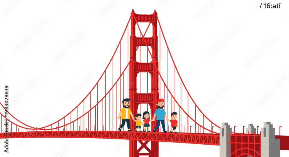 Fototapeta premium Cartoon Family Walking On Golden Gate Bridge