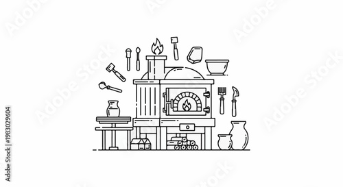 A line art illustration of a pizza oven with cooking utensils and pottery items