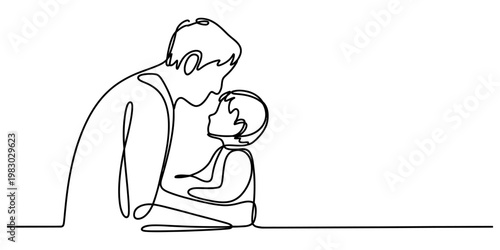 A beautiful continuous line drawing showing a tender moment between a caring parent and a child Vector, illustration