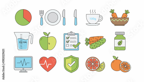A collection of various healthy food icons and symbols are shown on a digital illustration.