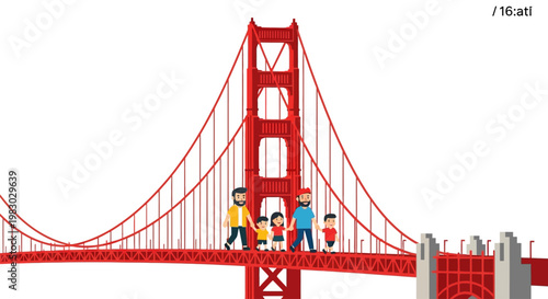 Cartoon Family Walking On Golden Gate Bridge