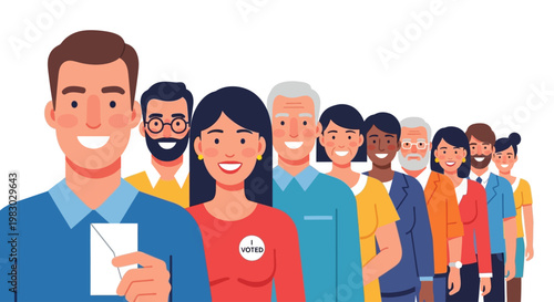 Diverse Group Of People Standing In Line To Vote