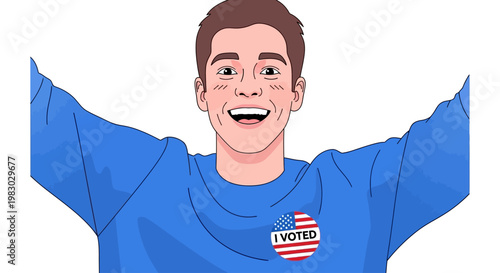 Excited Man Wearing "I Voted" Sticker Arms Raised