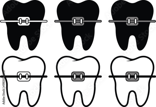 Orthodontic teeth, dental braces, black and white icons, orthodontics, dental care