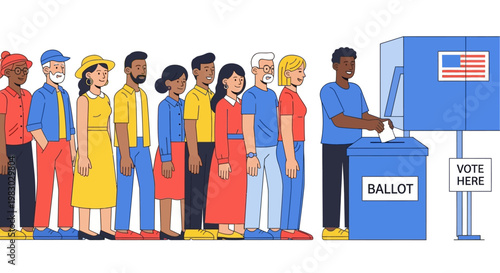 Diverse People Standing In Line To Vote At Polling Station