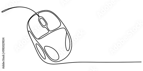 A minimalist single line drawing of a computer mouse isolated on a plain white background surface. Vector, illustration