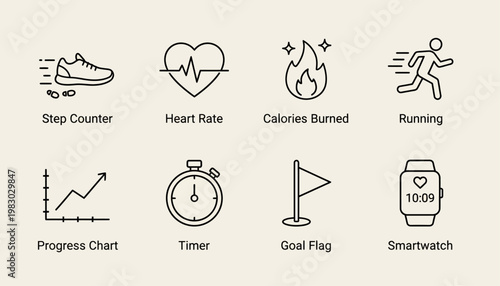 A running person with a smartwatch tracking step counter, heart rate and calories burned on a fitness journey.