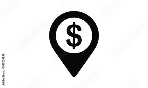 Financial location, money map marker, dollar sign icon, black vector symbol