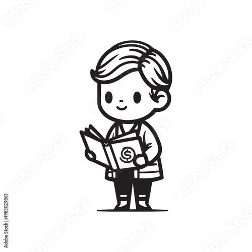 Cartoon vector illustration of a little boy opening a savings book with a cheerful expression.