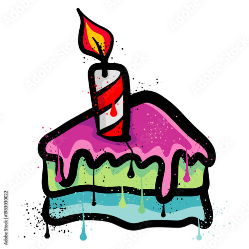 Birthday cake slice with colorful spray paint graffiti