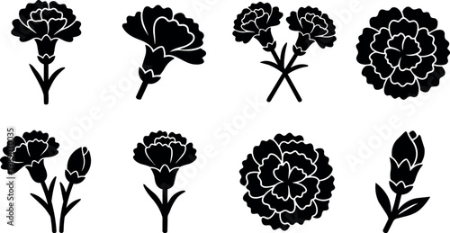 Black and white carnation flower icons in various arrangements and buds