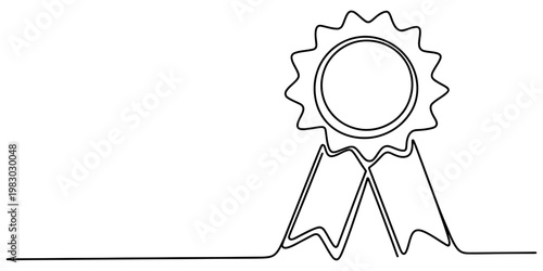 A single continuous line drawing of a classic award ribbon badge with two dangling streamers below. Vector, illustration
