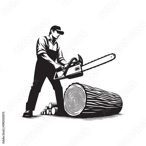 Vector illustration of a woodcutter preparing to cut a large log using a chainsaw. The image is rendered in a flat style with clear details, showcasing a working scene in a forest area or lumberyard.