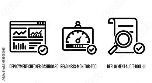 Icons depicting deployment readiness: dashboard monitor tool audit report with data visualization project management deployment readiness dashboard performance progress checklist analysis