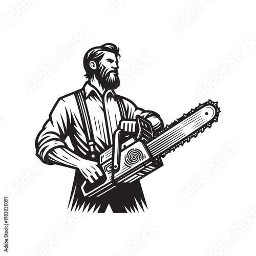 Vector illustration of a dashing lumberjack holding a chainsaw in a confident pose. The character is depicted as strong and tough, wearing typical forestry work attire.