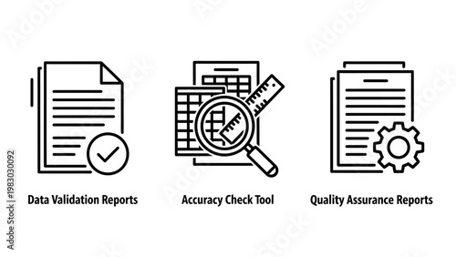 Icons for data quality and accuracy checks: validation accuracy tool assurance reports with magnifying glass data analysis business intelligence accuracy validation analysis document checklist