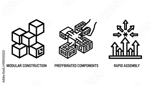 Construction and assembly icons: modular blocks prefabricated components rapid assembly with white background supply chain construction assembly building components prefabricated structure