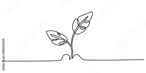 A minimalist single continuous line drawing of a small sprouting plant growing from the ground Vector, illustration