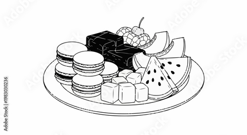 A plate of assorted desserts and fruits, including macarons, cubes, and melon slices