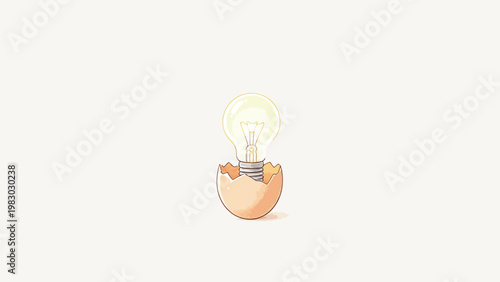 Minimalist Illustration of a Glowing Light Bulb Emerging From a Cracked Empty Eggshell, Representing New Ideas and Creative Innovation on a Plain Soft Background