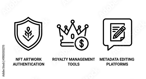 Nft artwork authentication royalty management metadata editing icons with digital art smart contract intellectual property authentication management metadata platform document blockchain