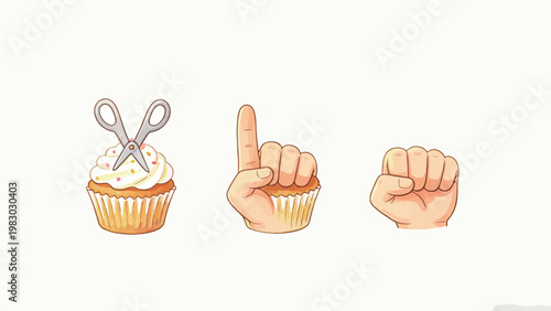 Watercolor Illustration of a Rebus Puzzle: A Cupcake Topped With Scissors, a Hand Gesture Integrating a Cupcake Wrapper, and a Clenched Fist, on Plain Light Off-white Background